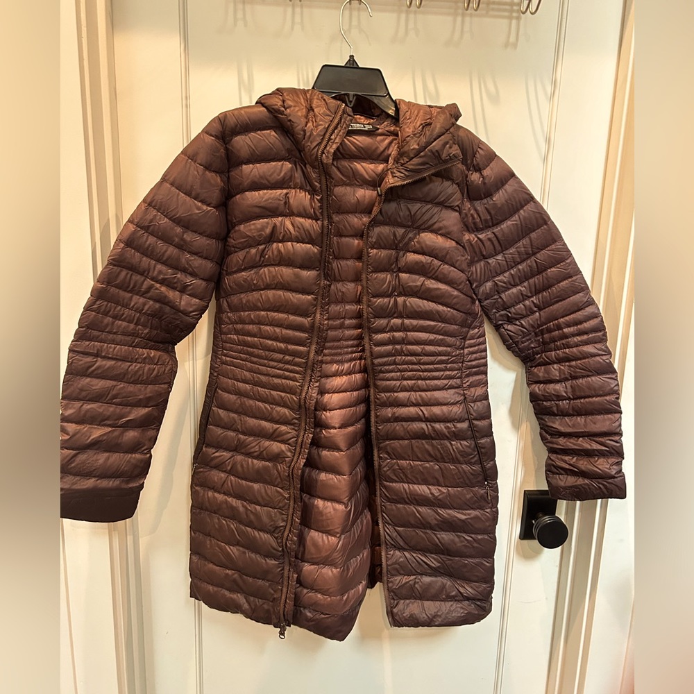 Arc’teryx Burgandy Long Lightweight Down Jacket with Hood